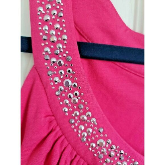 White House Black Market Med Top Dark Pink Bead Embellish Tank Stretch Rusched - Picture 5 of 6